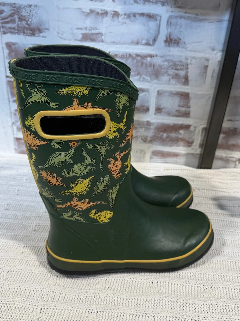 Bogs Kids Dark Green Rain Boots with Yellow and Orange Dinosaur Print